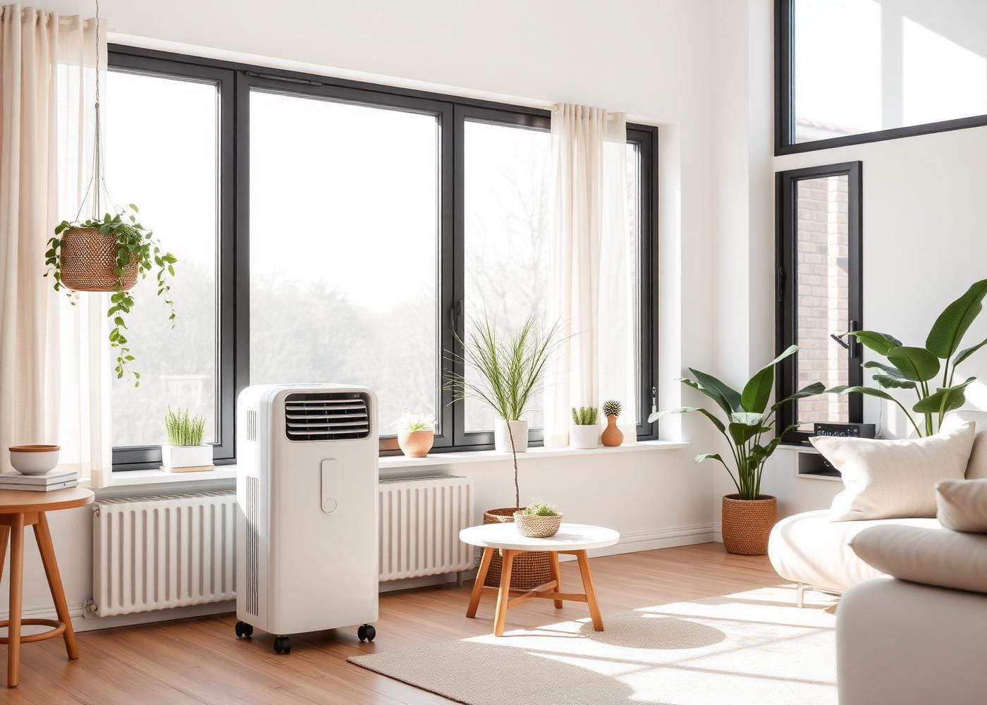 Modern lichte woonkamer met een premium mobiele airconditioner